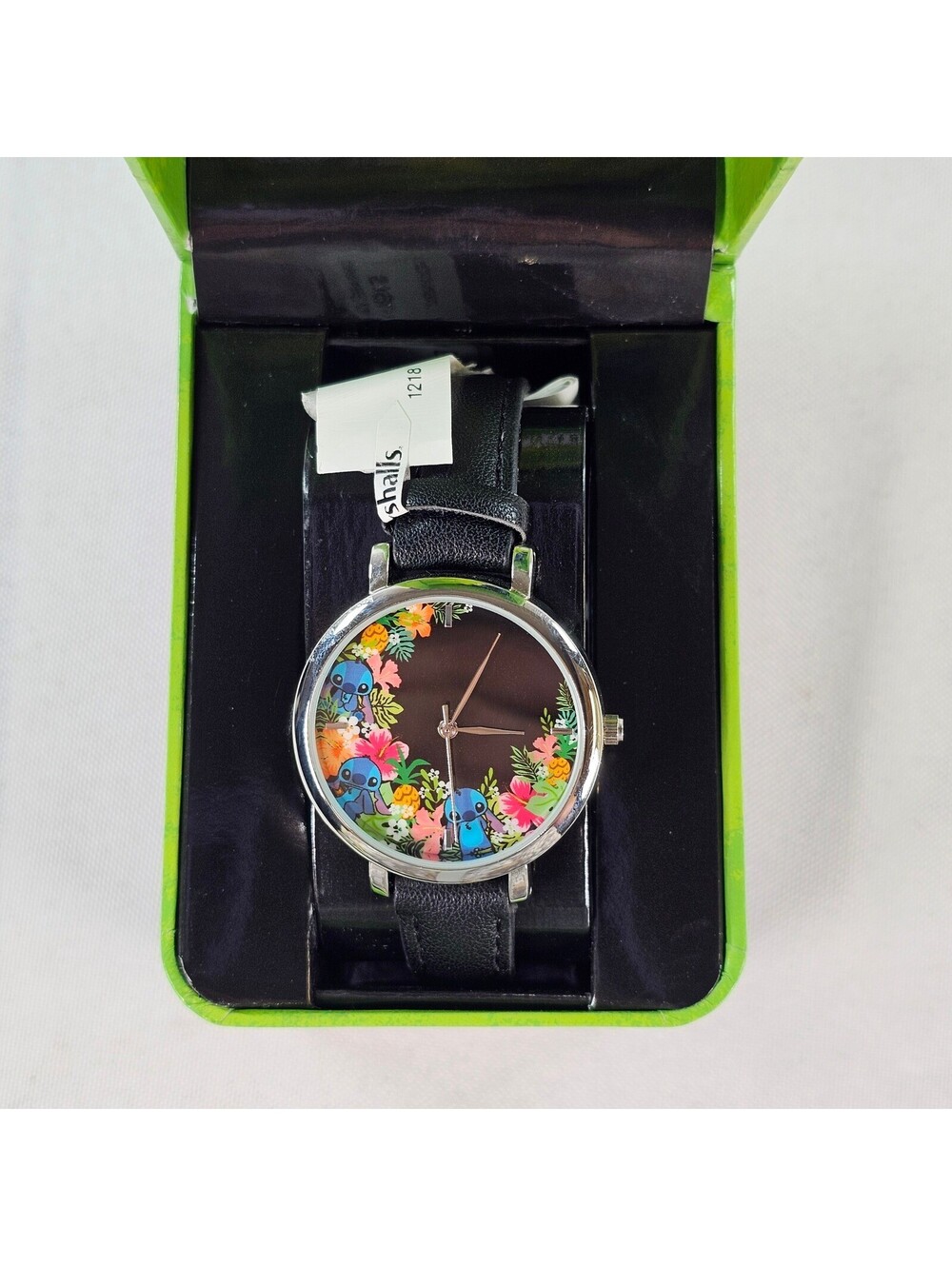 Disney Stitch Floral Dial Watch Black Faux Leather Strap Collectible Tin NEW - Picture 2 of 12